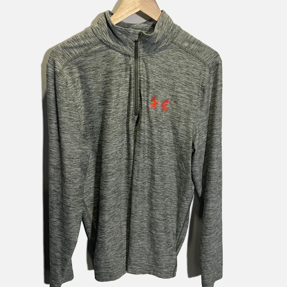 Under Armour ColdGear Mens Large Green Space Dye Quarter Zip Pullover Orange Log
